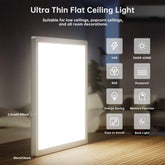 Ultra thin flat ceiling light with features listed on a blurred background